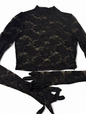 Fashion Nova Black Lace Long Sleeve Crop Top with Gloves